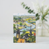 Windmills and Church by River Fantasy Painting Postkarte (Stehend Vorderseite)