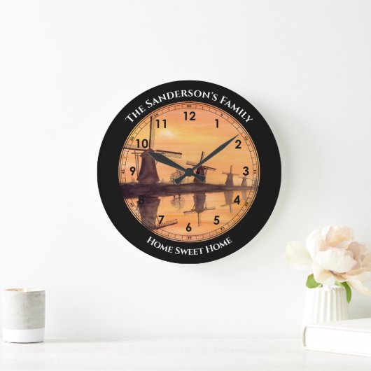 Windmills Sunset Kinderdijk - Aquarellmalerei Große Wanduhr (Zuhause)