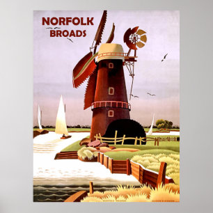 Windmühle an der Küste von Norfolk Broads, Vintage Poster