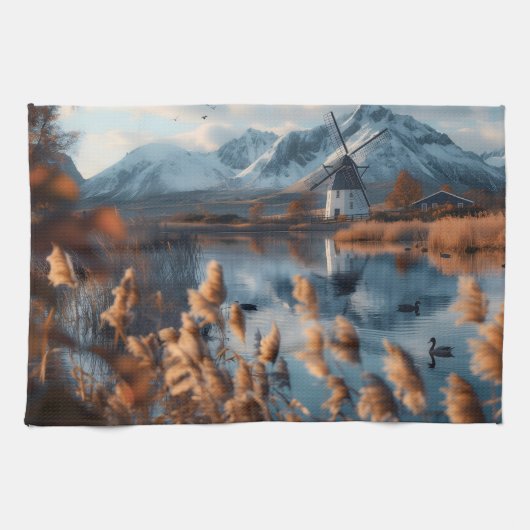 Windmühle auf einem See mit Berglandschaft Geschirrtuch (Horizontal)
