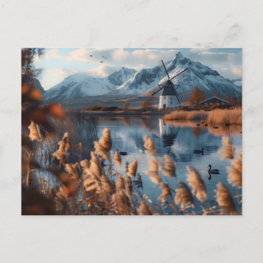 Windmühle auf einem See mit Berglandschaft Postkarte (Vorderseite)