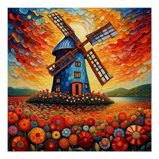 Windmühle bei Sonnenuntergang 3 Poster (Vorderseite)