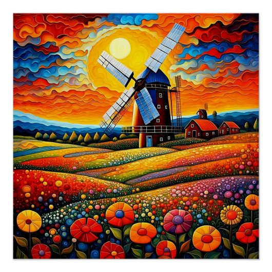 Windmühle bei Sonnenuntergang 7 Poster (Vorderseite)