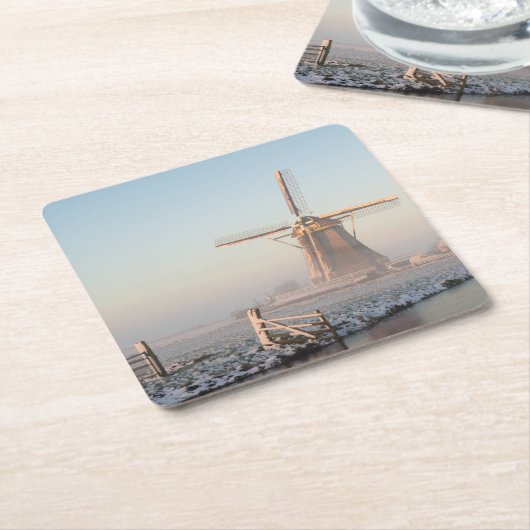 Windmühle im Schnee am Sonnenaufgang-Untersetzer Rechteckiger Pappuntersetzer (angewinkelt)