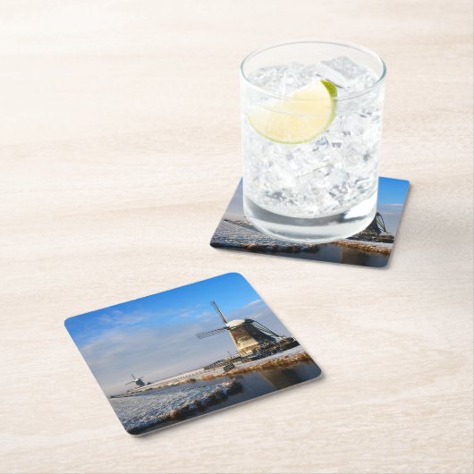 Windmühle im Schnee in einer niederländischen Wint Rechteckiger Pappuntersetzer (Vor Ort)