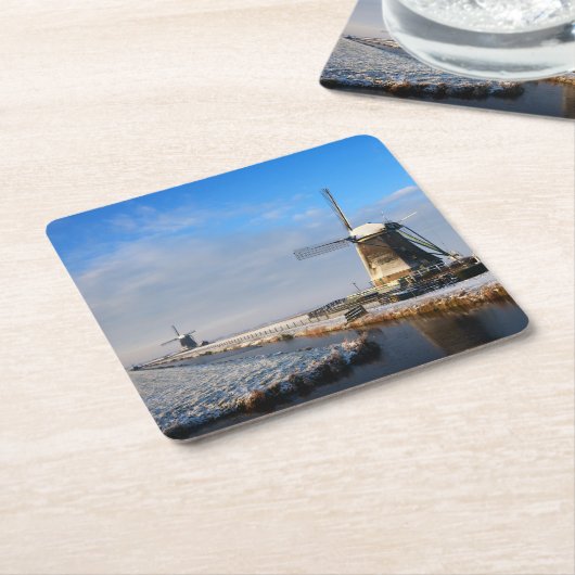 Windmühle im Schnee in einer niederländischen Wint Rechteckiger Pappuntersetzer (angewinkelt)