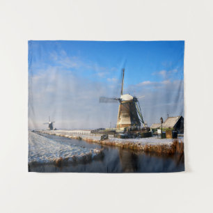 Windmühle im Schnee in einer niederländischen Wint Wandteppich