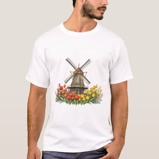 Windmühle Im Tulpenfeld Mit Blumenhaus T-Shirt (Vorderseite)