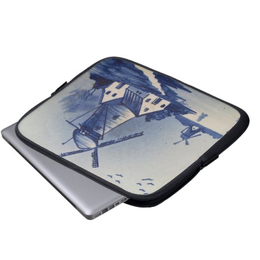 Windmühle in Blau und Weiß Laptopschutzhülle (Vorne Knopf)