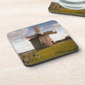 Windmühle in Grün- und Weißwolken und Blauem Himme Getränkeuntersetzer (Linke Seite)