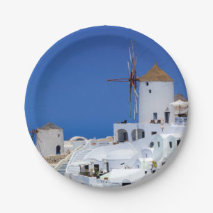 Windmühle in Oia, Santorini, Griechenland Pappteller