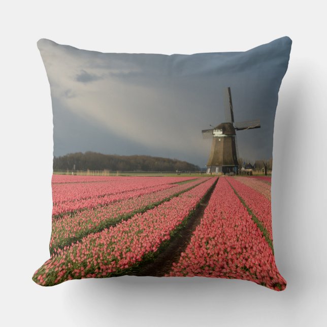 Windmühle mit rosa Tulpen im Frühjahr Kissen (Vorderseite)