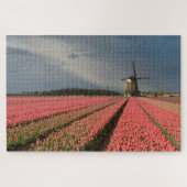 Windmühle mit rosa Tulpen im Frühjahr Puzzle (Horizontal)
