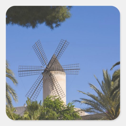 Windmühle, Palma, Mallorca, Spanien Quadratischer Aufkleber (Vorderseite)