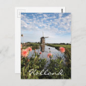 Windmühle und rosa Dahlia-Blume in Holland Postkarte (Vorne/Hinten)