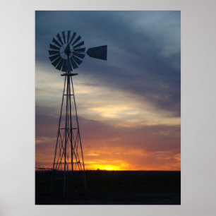 Windmühle und Western Kansas-Sonnenuntergang Poster
