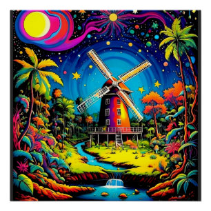 Windmühle unter Sternenhimmel 3 Poster