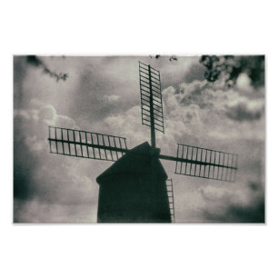Windmühle, Vintage Schwarz-Weiß-Wetterfahne Fotodruck