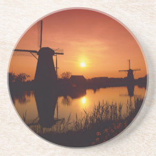 Windmühlen bei Sonnenuntergang, Kinderdijk, Nieder Getränkeuntersetzer
