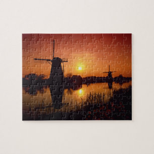 Windmühlen bei Sonnenuntergang, Kinderdijk, Nieder Puzzle