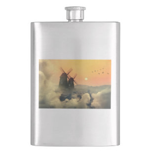 Windmühlen Berge und Wolken Flachmann