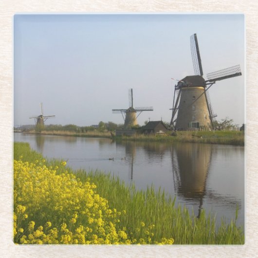 Windmühlen entlang des Kanals in Kinderdijk Glasuntersetzer (Vorderseite)
