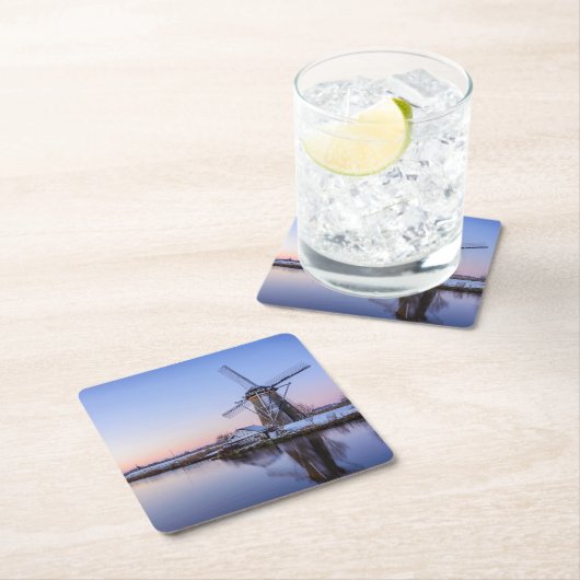 Windmühlen im Winter in einem Sonnenaufgang, Rechteckiger Pappuntersetzer (Vor Ort)