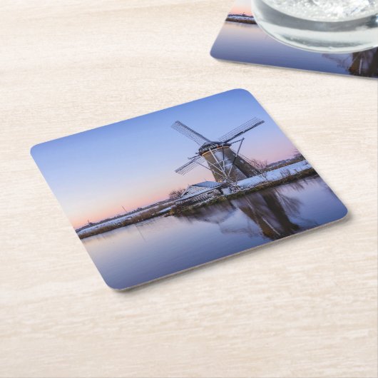 Windmühlen im Winter in einem Sonnenaufgang, Rechteckiger Pappuntersetzer (angewinkelt)