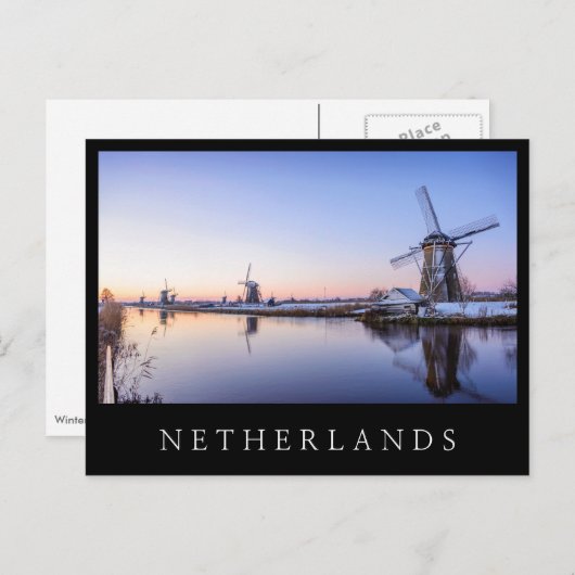 Windmühlen im Winter schwarzer Text Postkarte (Vorne/Hinten)