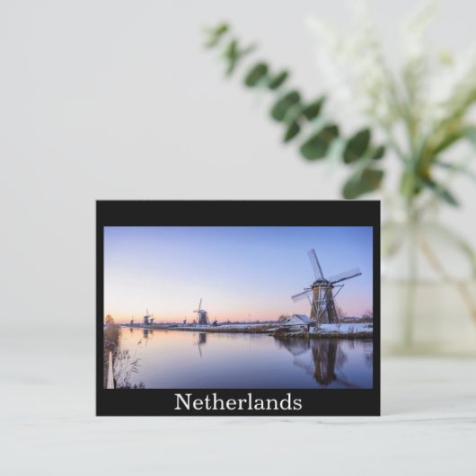 Windmühlen im Winter schwarzer Text Postkarte (Stehend Vorderseite)