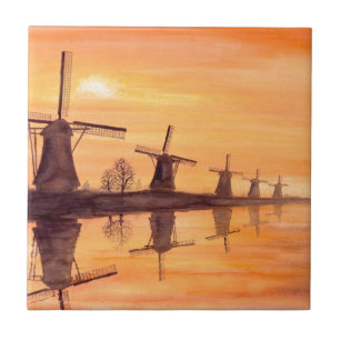 Windmühlen Sonnenuntergang - Aquarellmalerei Fliese