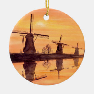 Windmühlen Sonnenuntergang - Aquarellmalerei Keramikornament