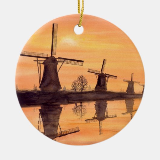 Windmühlen Sonnenuntergang - Aquarellmalerei Keramikornament (Vorne)