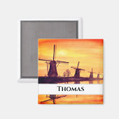 Windmühlen Sonnenuntergang - Aquarellmalerei Magnet (Vorderseite/Rückseite)