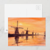 Windmühlen Sonnenuntergang - Aquarellmalerei Postkarte (Vorne/Hinten)