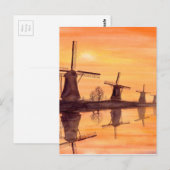 Windmühlen Sonnenuntergang - Aquarellmalerei Postkarte (Vorne/Hinten)