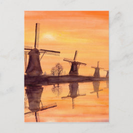 Windmühlen Sonnenuntergang - Aquarellmalerei Postkarte