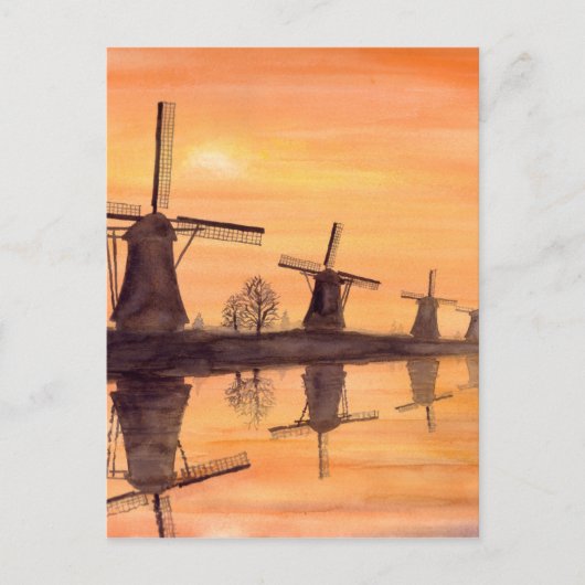 Windmühlen Sonnenuntergang - Aquarellmalerei Postkarte (Vorderseite)