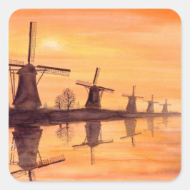 Windmühlen Sonnenuntergang - Aquarellmalerei Quadratischer Aufkleber