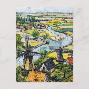 Windmühlen und Kirche am Fluss Fantasy-Malerei Postkarte