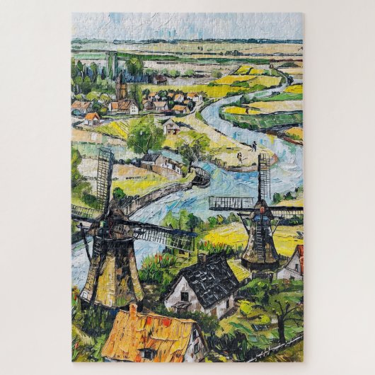 Windmühlen und Kirche am Fluss Fantasy-Malerei Puzzle (Vertikal)