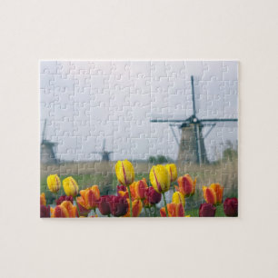 Windmühlen und Tulpen am Kanal in Puzzle