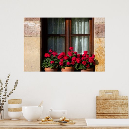 Window flower pots in village poster (Küche)