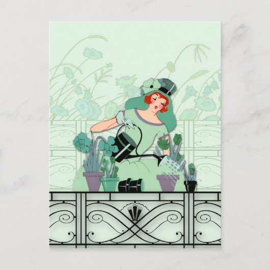 WINDOW GARDEN, ART DECO LADY: Seegrün Postkarte (Vorderseite)