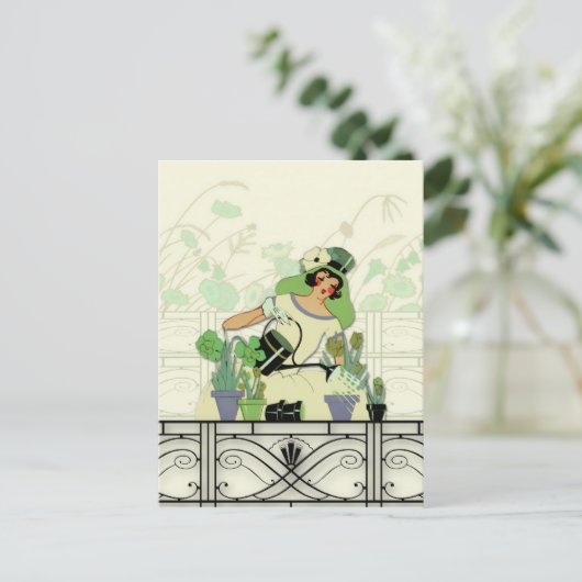 WINDOW GARDEN, ART DECO LADY: SOMMERGRÜNTÖNE POSTKARTE (Stehend Vorderseite)