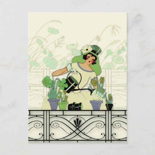 WINDOW GARDEN, ART DECO LADY: SOMMERGRÜNTÖNE POSTKARTE (Vorderseite)