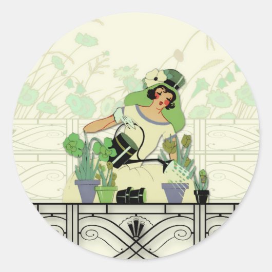 WINDOW GARDEN, ART DECO LADY: SOMMERGRÜNTÖNE RUNDER AUFKLEBER (Vorderseite)