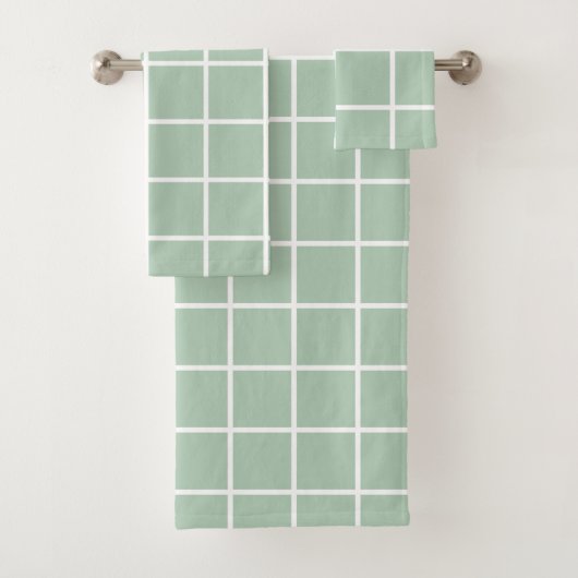 Window Pane Grid, White on Sage Green Badhandtuch Set (Insitu)