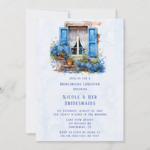 Window View Blue Floral Bridesmaids Mittagessen Einladung