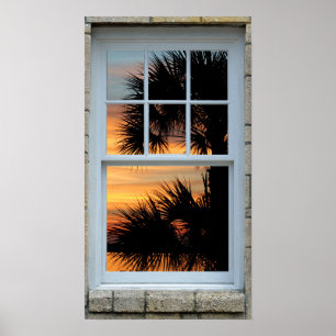 Window view Sunrise Palm tree Print Poster